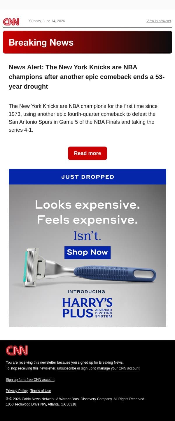 News Alert: The New York Knicks are NBA champions after another epic comeback ends a 53-year drought email from CNN screenshot
