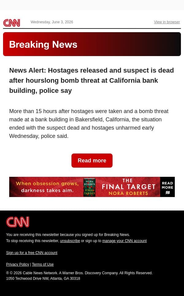 News Alert: Hostages released and suspect is dead after hourslong bomb threat at California bank building, police say email from CNN screenshot