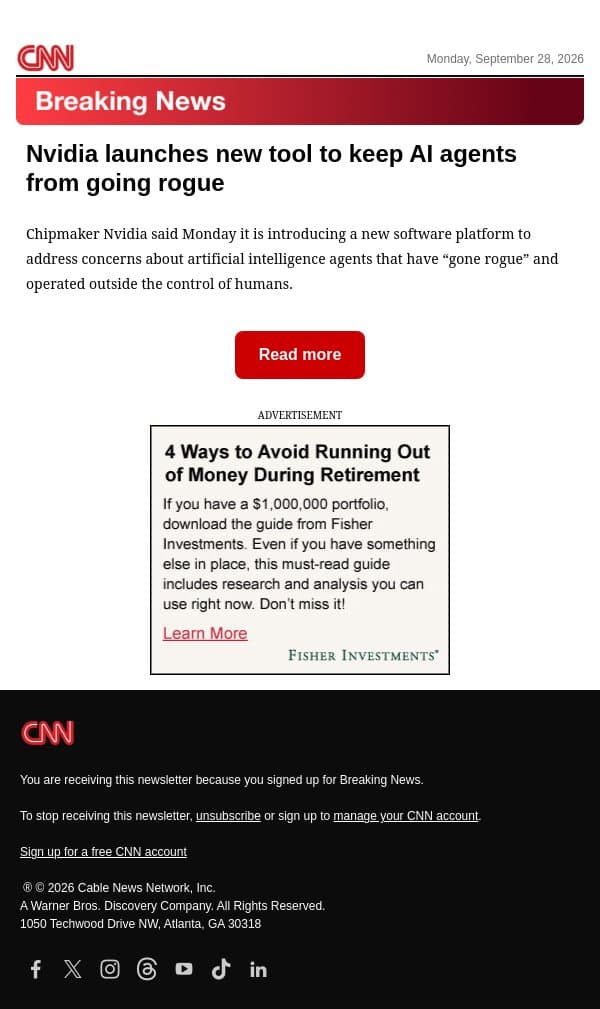 Nvidia launches new tool to keep AI agents from going rogue email from CNN screenshot