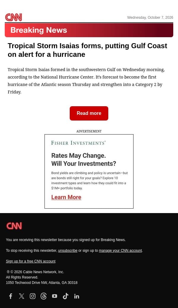 Tropical Storm Isaias forms, putting Gulf Coast on alert for a hurricane email from CNN screenshot
