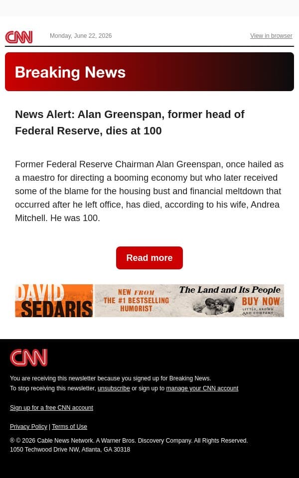 News Alert: Alan Greenspan, former head of Federal Reserve, dies at 100 email from CNN screenshot
