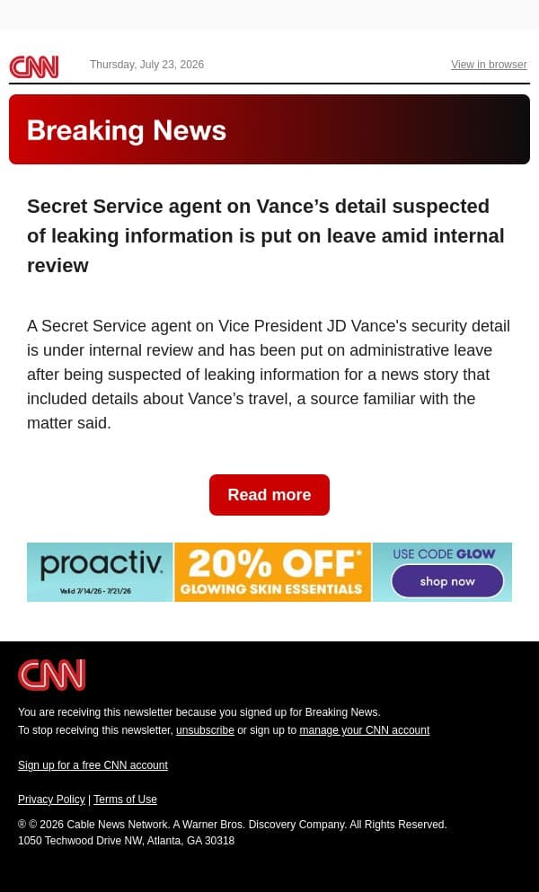Secret Service agent on Vance’s detail suspected of leaking information is put on leave amid internal review email from CNN screenshot