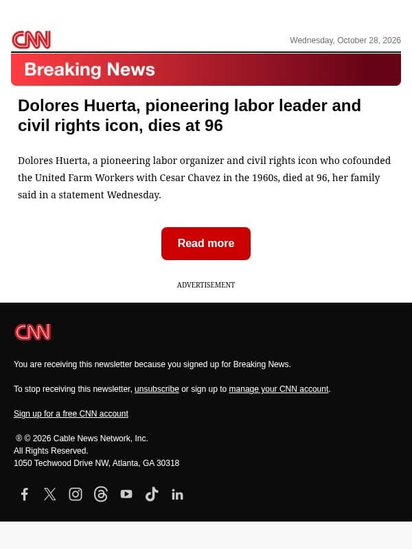 Dolores Huerta, pioneering labor leader and civil rights icon, dies at 96 email from CNN screenshot
