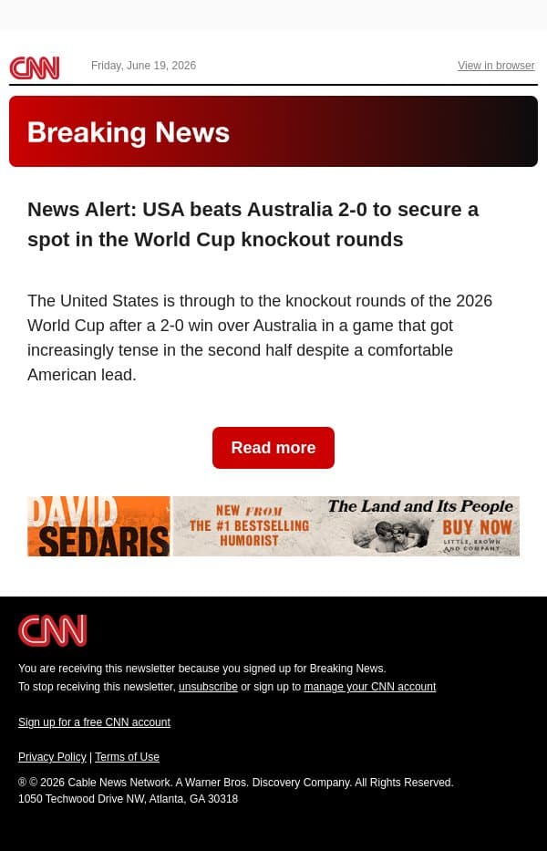 News Alert: USA beats Australia 2-0 to secure a spot in the World Cup knockout rounds email from CNN screenshot
