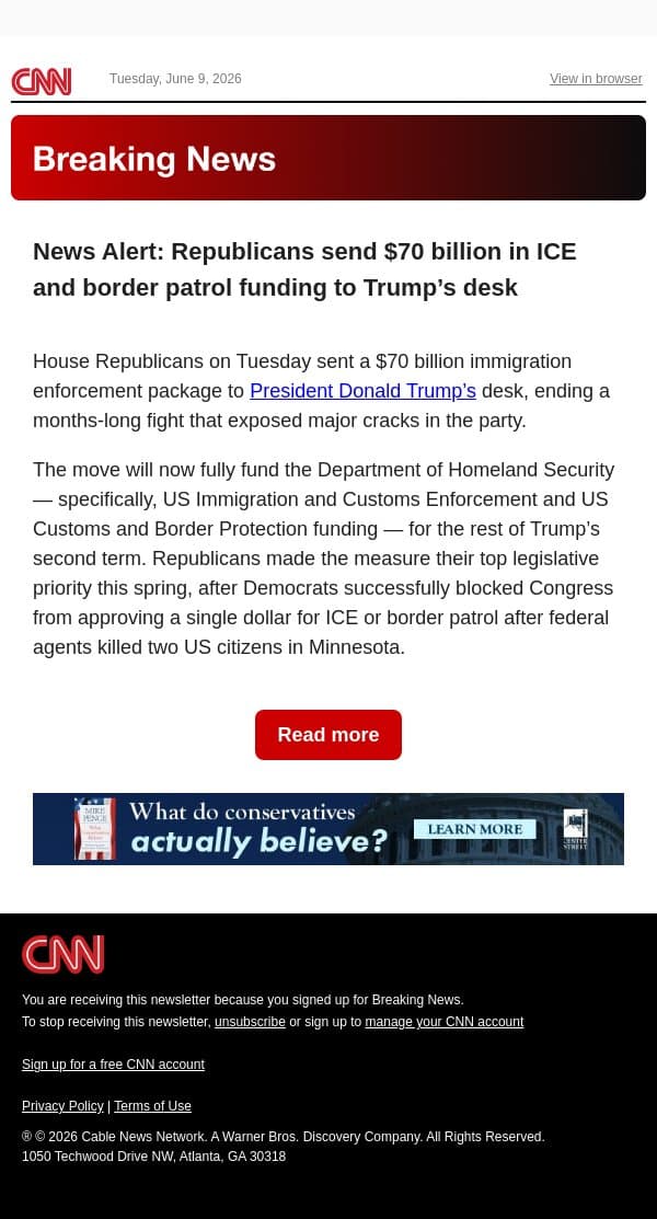 News Alert: Republicans send $70 billion in ICE and border patrol funding to Trump’s desk email from CNN screenshot
