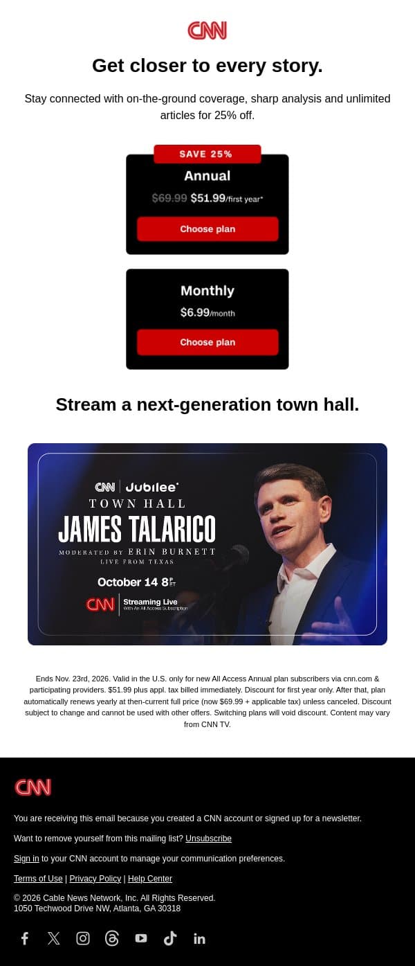 Your welcome offer: 25% off CNN. email from CNN screenshot