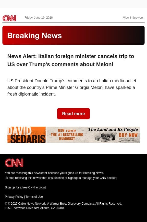 News Alert: Italian foreign minister cancels trip to US over Trump’s comments about Meloni email from CNN screenshot