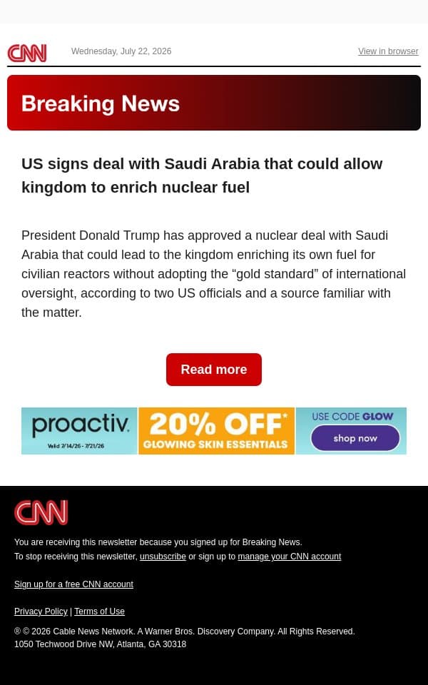 US signs deal with Saudi Arabia that could allow kingdom to enrich nuclear fuel email from CNN screenshot