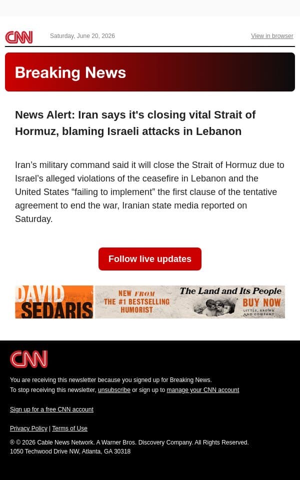 News Alert: Iran says it's closing vital Strait of Hormuz, blaming Israeli attacks in Lebanon email from CNN screenshot