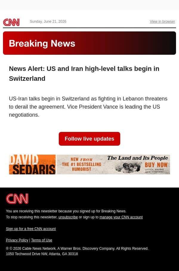 News Alert: US and Iran high-level talks begin in Switzerland email from CNN screenshot