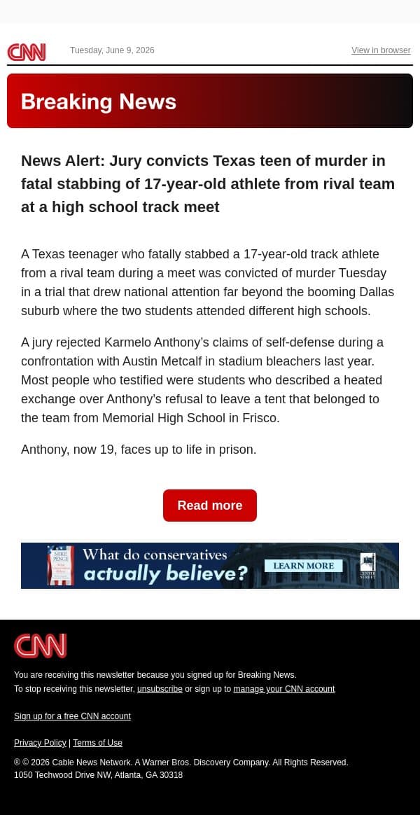 News Alert: Jury convicts Texas teen of murder in fatal stabbing of 17-year-old athlete from rival team at a high school track meet email from CNN screenshot