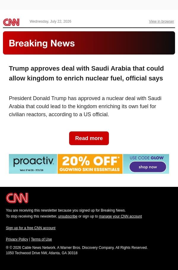 Trump approves deal with Saudi Arabia that could allow kingdom to enrich nuclear fuel, official says email from CNN screenshot