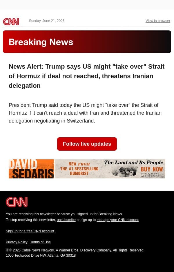 News Alert: Trump says US might "take over" Strait of Hormuz if deal not reached, threatens Iranian delegation email from CNN screenshot
