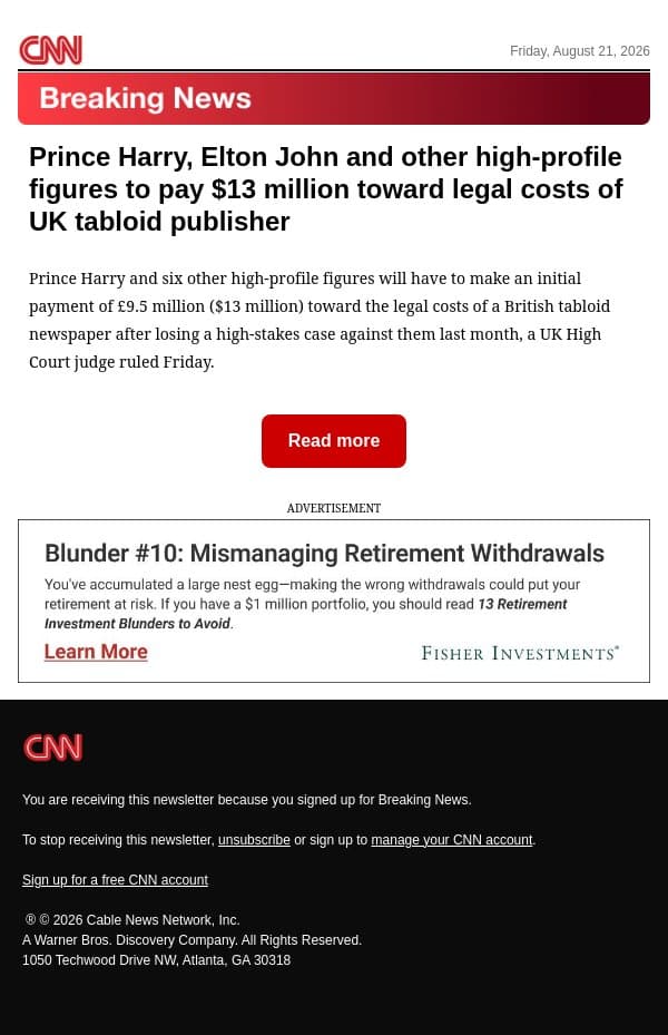 Prince Harry, Elton John and other high-profile figures to pay $13 million toward legal costs of UK tabloid publisher email from CNN screenshot