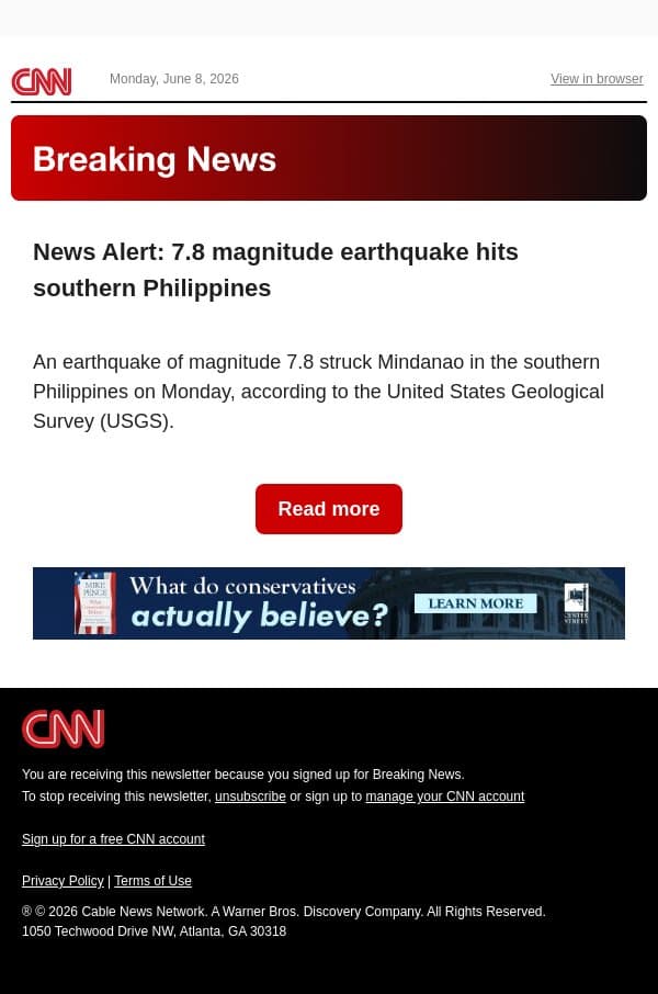 News Alert: 7.8 magnitude earthquake hits southern Philippines email from CNN screenshot
