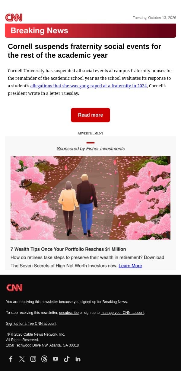 Cornell suspends fraternity social events for the rest of the academic year email from CNN screenshot