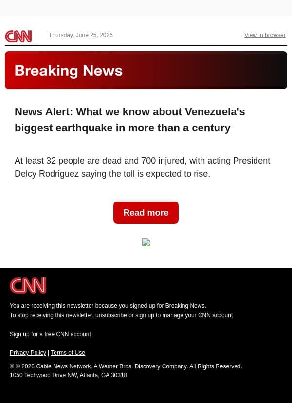 News Alert: What we know about Venezuela's biggest earthquake in more than a century email from CNN screenshot