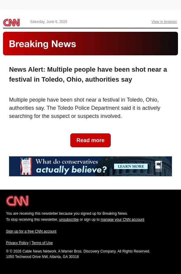 News Alert: Multiple people have been shot near a festival in Toledo, Ohio, authorities say email from CNN screenshot