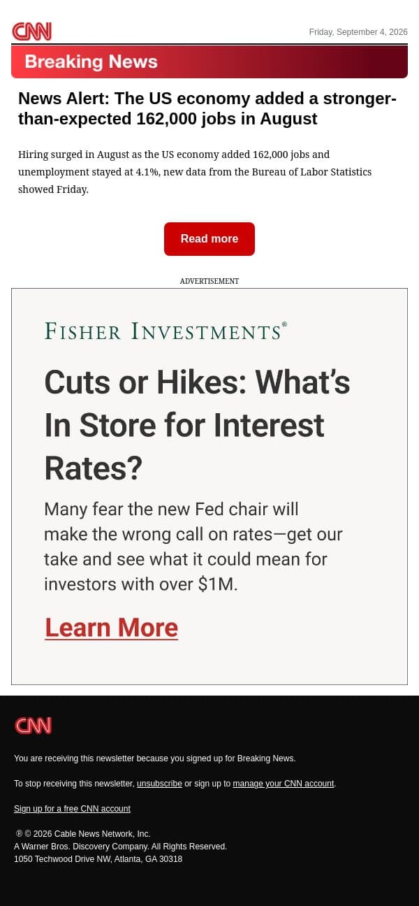 News Alert: The US economy added a stronger-than-expected 162,000 jobs in August email from CNN screenshot