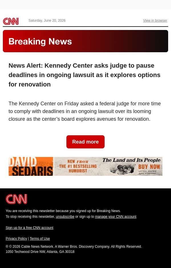 News Alert: Kennedy Center asks judge to pause deadlines in ongoing lawsuit as it explores options for renovation email from CNN screenshot