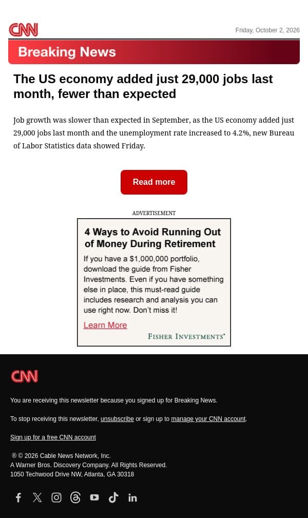 The US economy added just 29,000 jobs last month, fewer than expected email from CNN screenshot