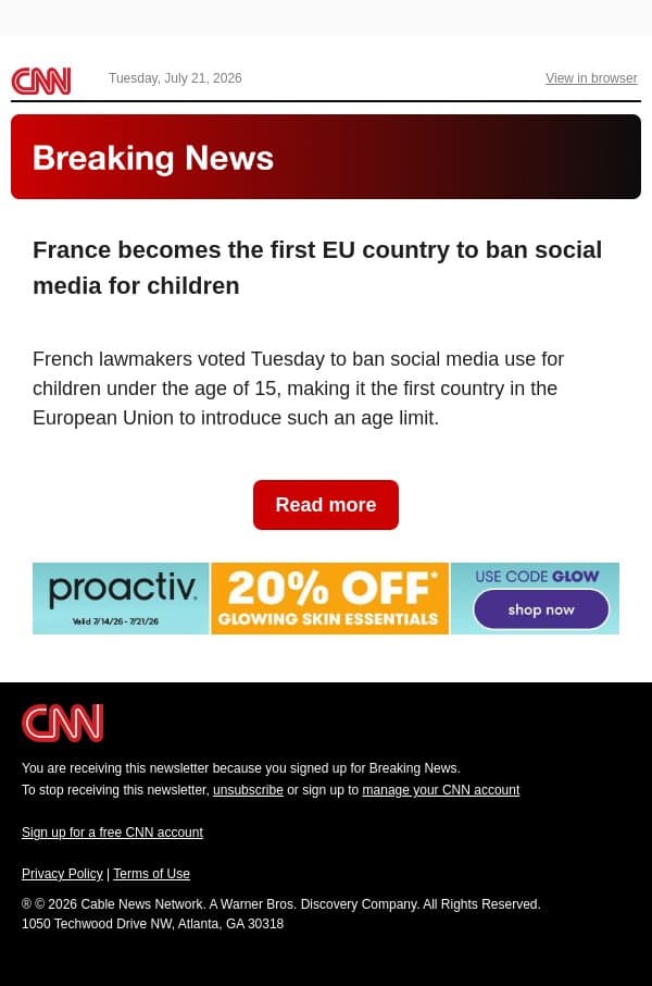 France becomes the first EU country to ban social media for children email from CNN screenshot