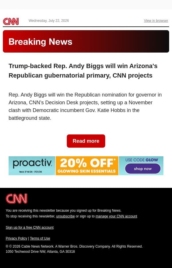 Trump-backed Rep. Andy Biggs will win Arizona's Republican gubernatorial primary, CNN projects email from CNN screenshot