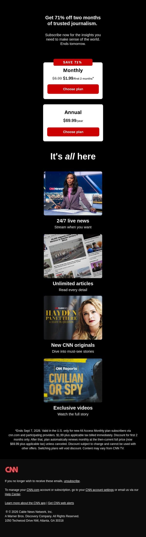 71% off unlimited CNN ends tomorrow. email from CNN screenshot