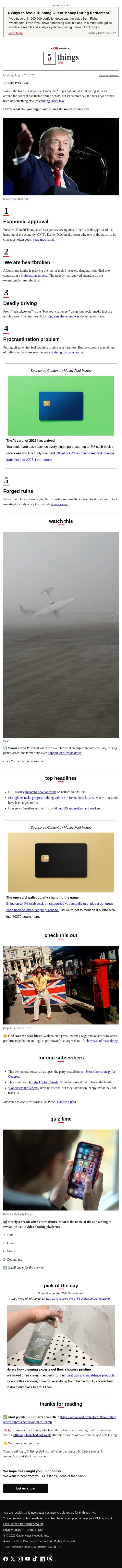 Trump's economic approval, deadly driving, procrastination effects email from CNN screenshot