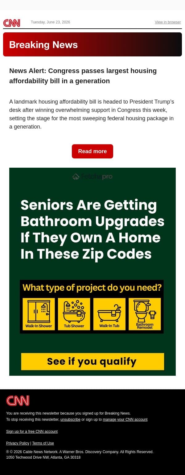 News Alert: Congress passes largest housing affordability bill in a generation email from CNN screenshot