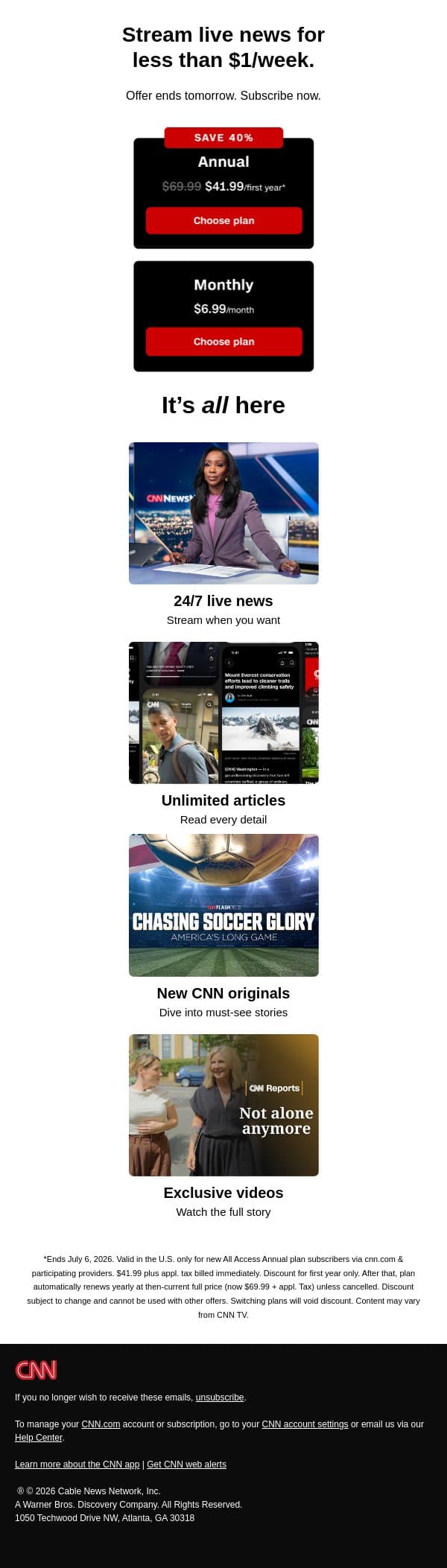 Stream CNN for 40% off. Ends tomorrow. email from CNN screenshot