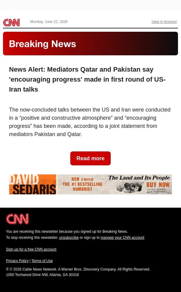 News Alert: Mediators Qatar and Pakistan say 'encouraging progress' made in first round of US-Iran talks email from CNN screenshot