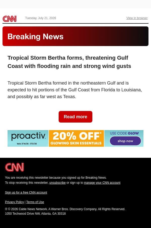 Tropical Storm Bertha forms, threatening Gulf Coast with flooding rain and strong wind gusts email from CNN screenshot