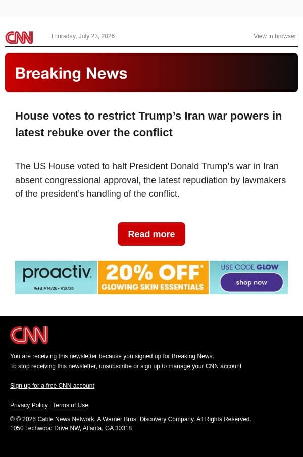 House votes to restrict Trump’s Iran war powers in latest rebuke over the conflict email from CNN screenshot