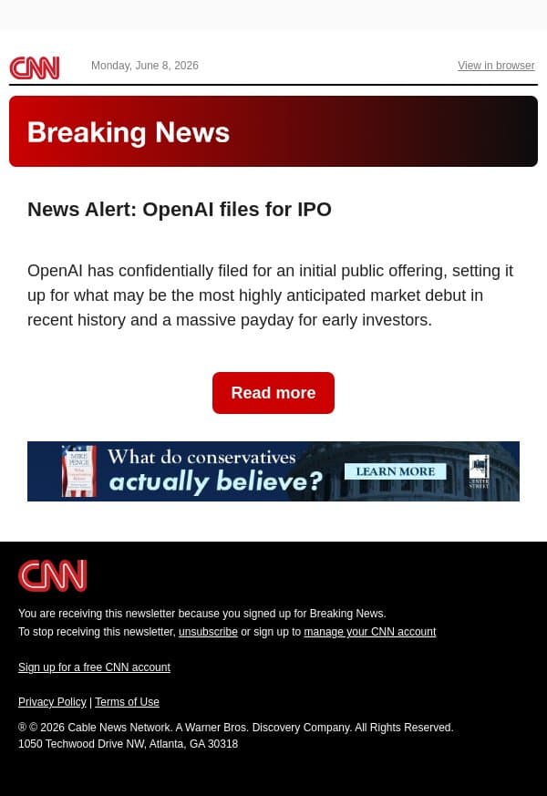 News Alert: OpenAI files for IPO email from CNN screenshot