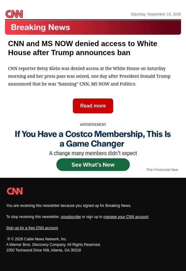 CNN and MS NOW denied access to White House after Trump announces ban email from CNN screenshot