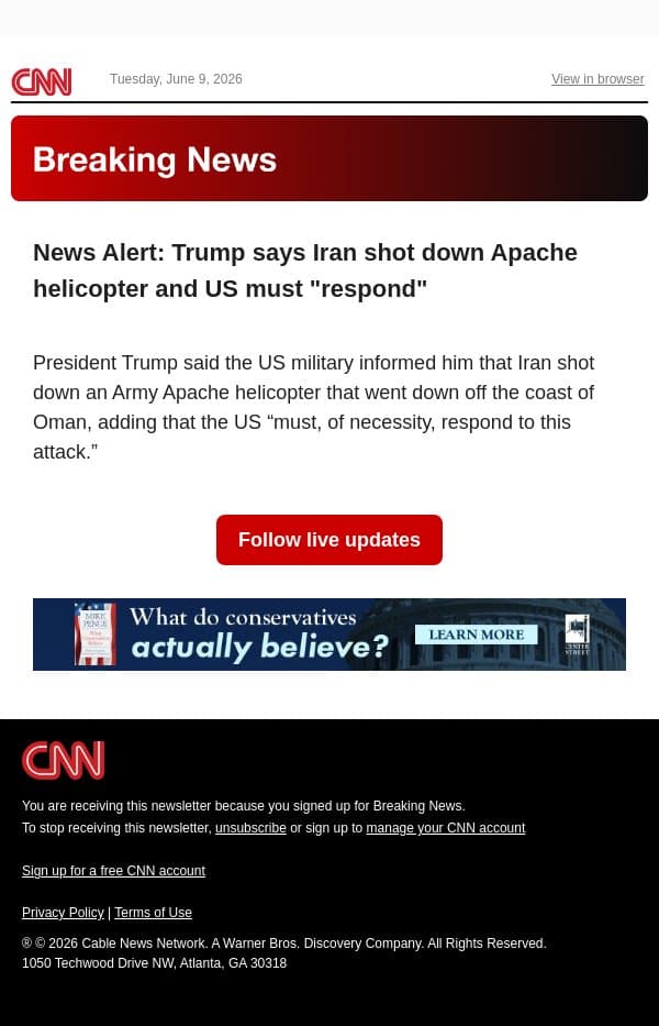 News Alert: Trump says Iran shot down Apache helicopter and US must "respond" email from CNN screenshot