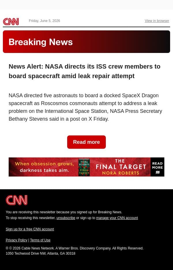 News Alert: NASA directs its ISS crew members to board spacecraft amid leak repair attempt email from CNN screenshot