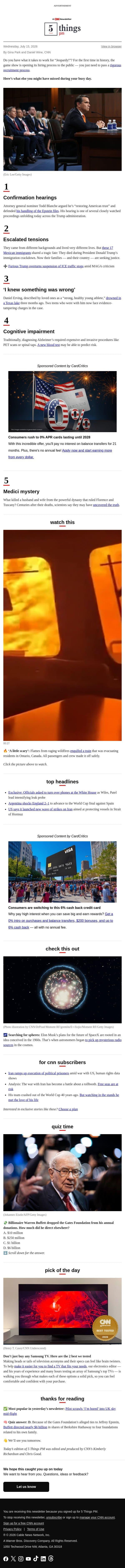 Confirmation hearings, fiery train, predicting Alzheimer’s risk email from CNN screenshot