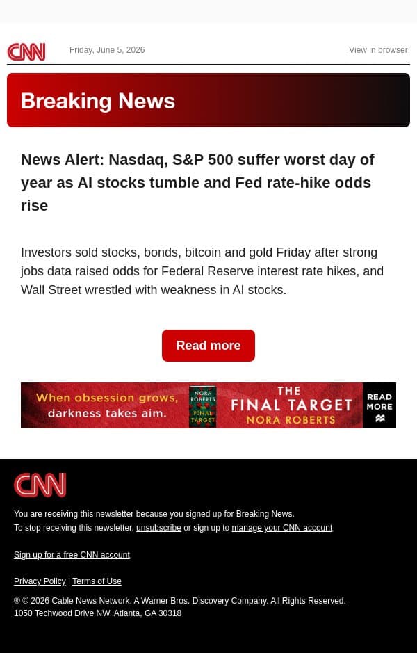 News Alert: Nasdaq, S&P 500 suffer worst day of year as AI stocks tumble and Fed rate-hike odds rise email from CNN screenshot