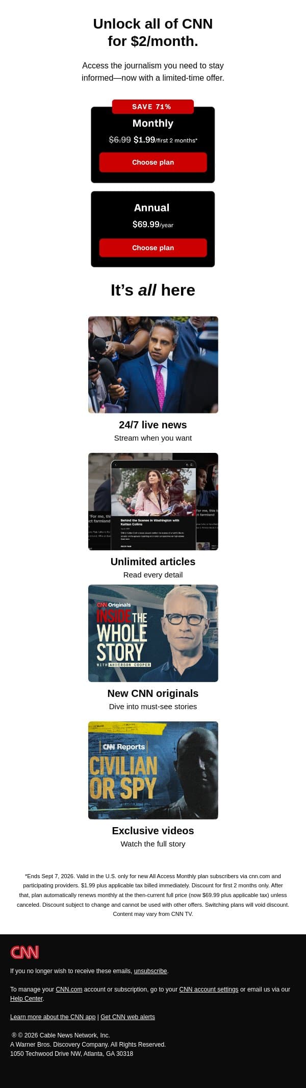 Get 2 months of unlimited CNN for $2/month. email from CNN screenshot