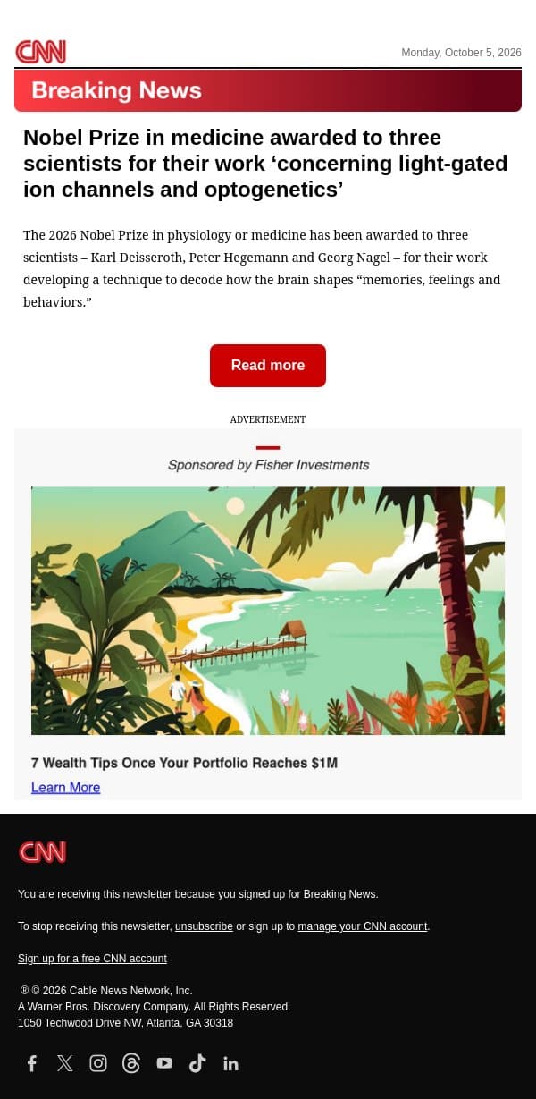 Nobel Prize in medicine awarded to three scientists for their work ‘concerning light-gated ion channels and optogenetics’ email from CNN screenshot