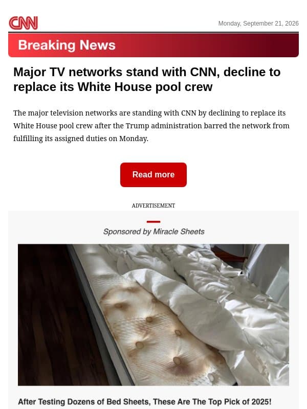 Major TV networks stand with CNN, decline to replace its White House pool crew email from CNN