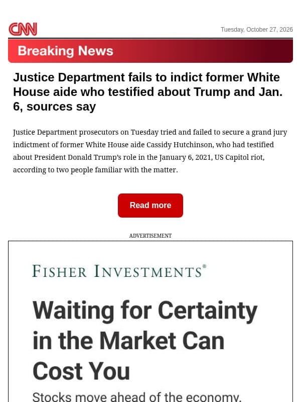 Justice Department fails to indict former White House aide who testified about Trump and Jan. 6, sources say email from CNN