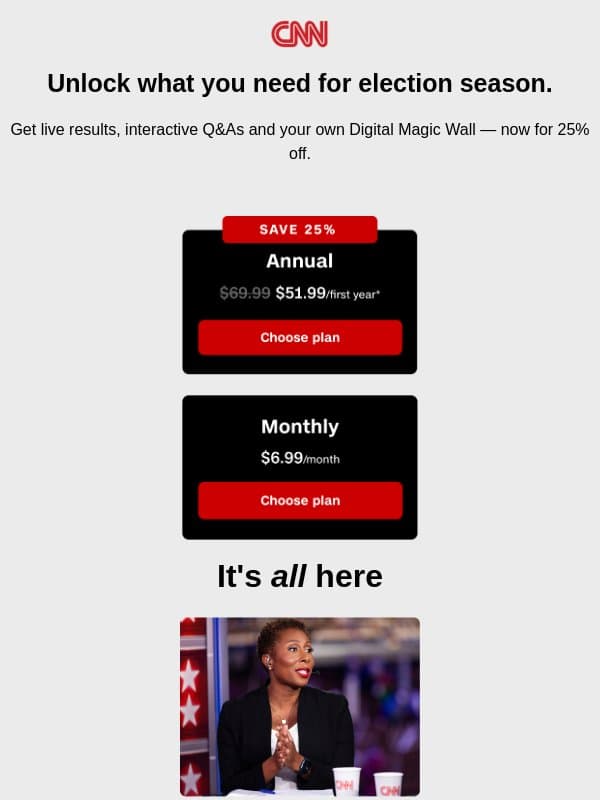Get ready for the midterms for 25% off. email from CNN