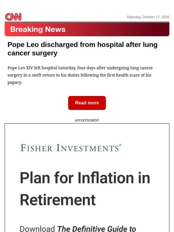 Pope Leo discharged from hospital after lung cancer surgery email from CNN