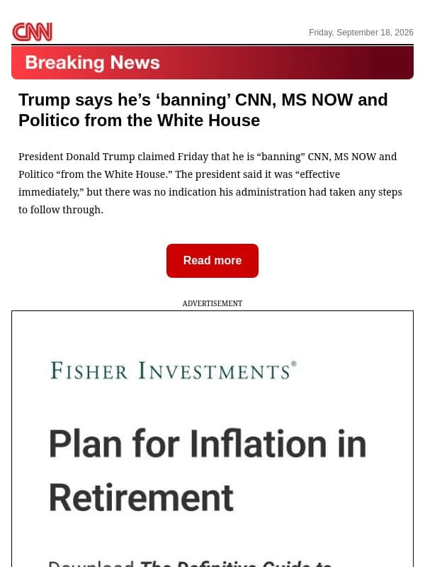 Trump says he’s ‘banning’ CNN, MS NOW and Politico from the White House email from CNN