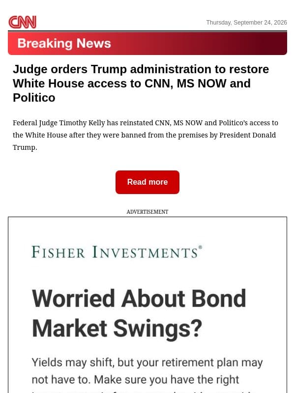 Judge orders Trump administration to restore White House access to CNN, MS NOW and Politico email from CNN