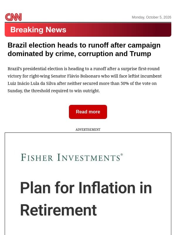 Brazil election heads to runoff after campaign dominated by crime, corruption and Trump email from CNN
