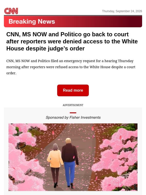 CNN, MS NOW and Politico go back to court after reporters were denied access to the White House despite judge’s order email from CNN